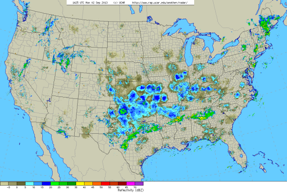 The big blue blobs are the heaviest concentrations of birds seen on Nexrad radar, as of Sept 2, 14:28 GMT.